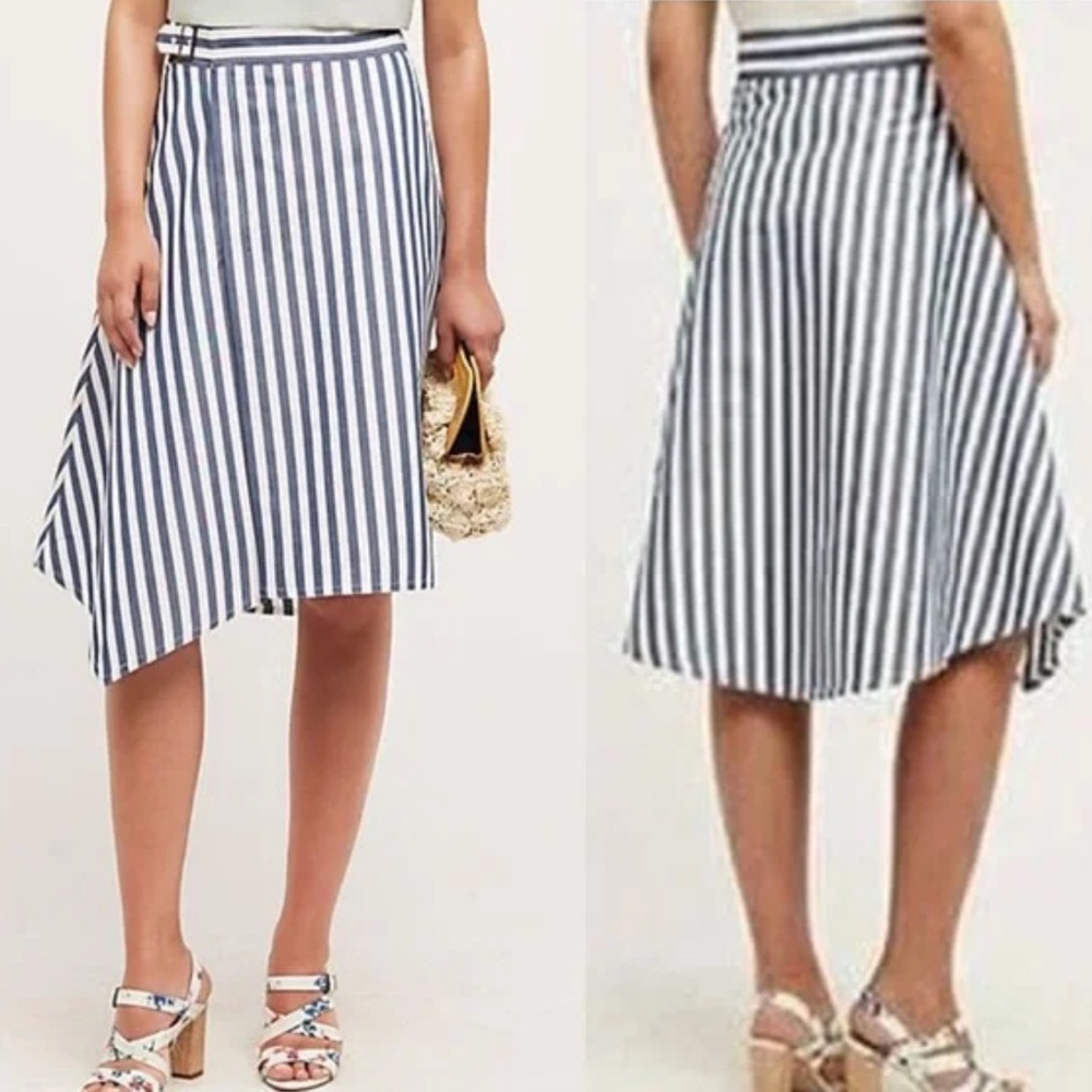 Anthropologie Blue and White Striped A-Line Skirt size 12 sea stripe origami
